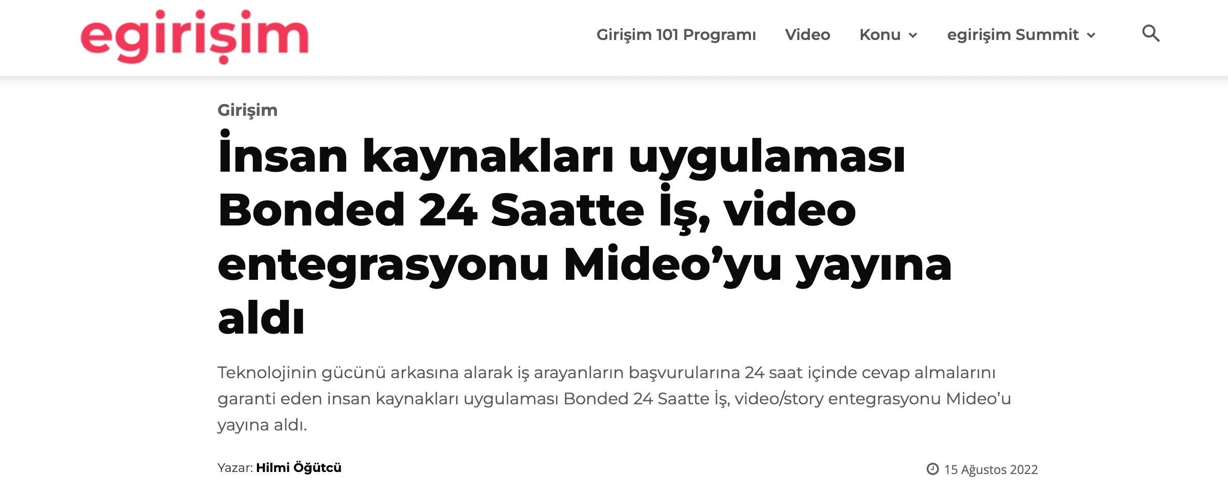 Egirişim: İnsan kaynakları uygulaması Bonded 24 Saatte İş, video entegrasyonu Mideo’yu yayına aldı